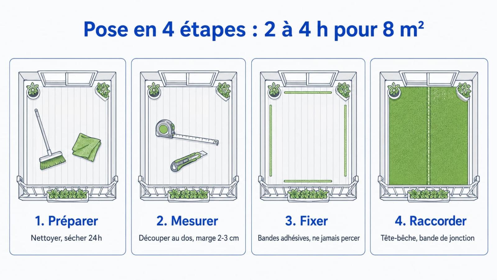 Sch&eacute;ma 4 &eacute;tapes pour poser du gazon synth&eacute;tique sur un balcon : pr&eacute;parer, mesurer, fixer, raccorder