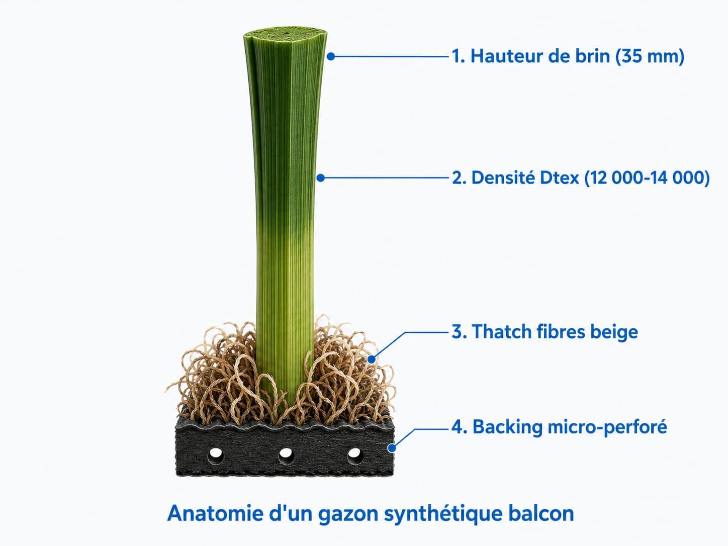 Anatomie d'un brin de gazon synthétique : hauteur, Dtex, thatch et backing micro-perforé