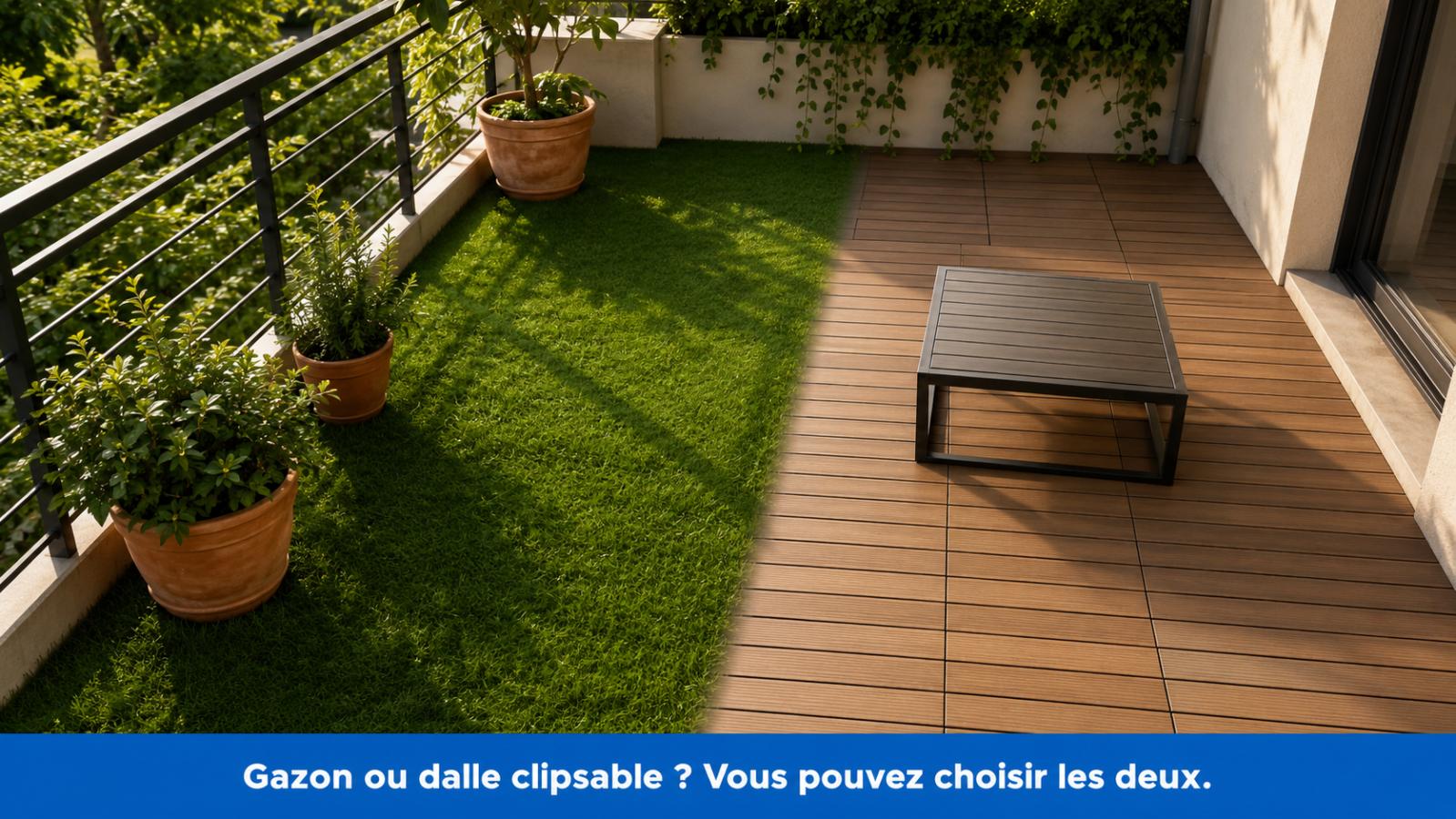 Comparatif visuel sur un balcon : gazon synth&eacute;tique &agrave; gauche, dalles clipsables bois composite &agrave; droite &mdash; ANC Dalle