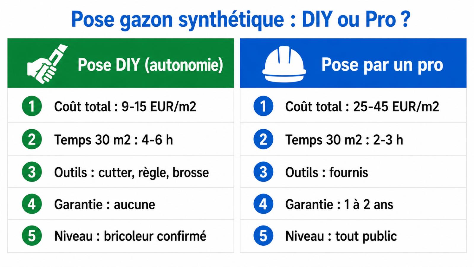 Comparatif visuel pose gazon synth&eacute;tique DIY vs professionnel : co&ucirc;t, dur&eacute;e et garantie
