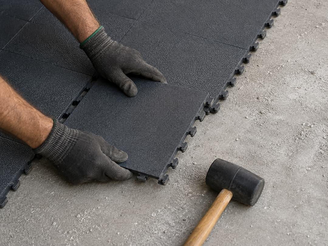 Pose &agrave; sec d'une dalle clipsable sur le b&eacute;ton d'un garage transform&eacute; en atelier