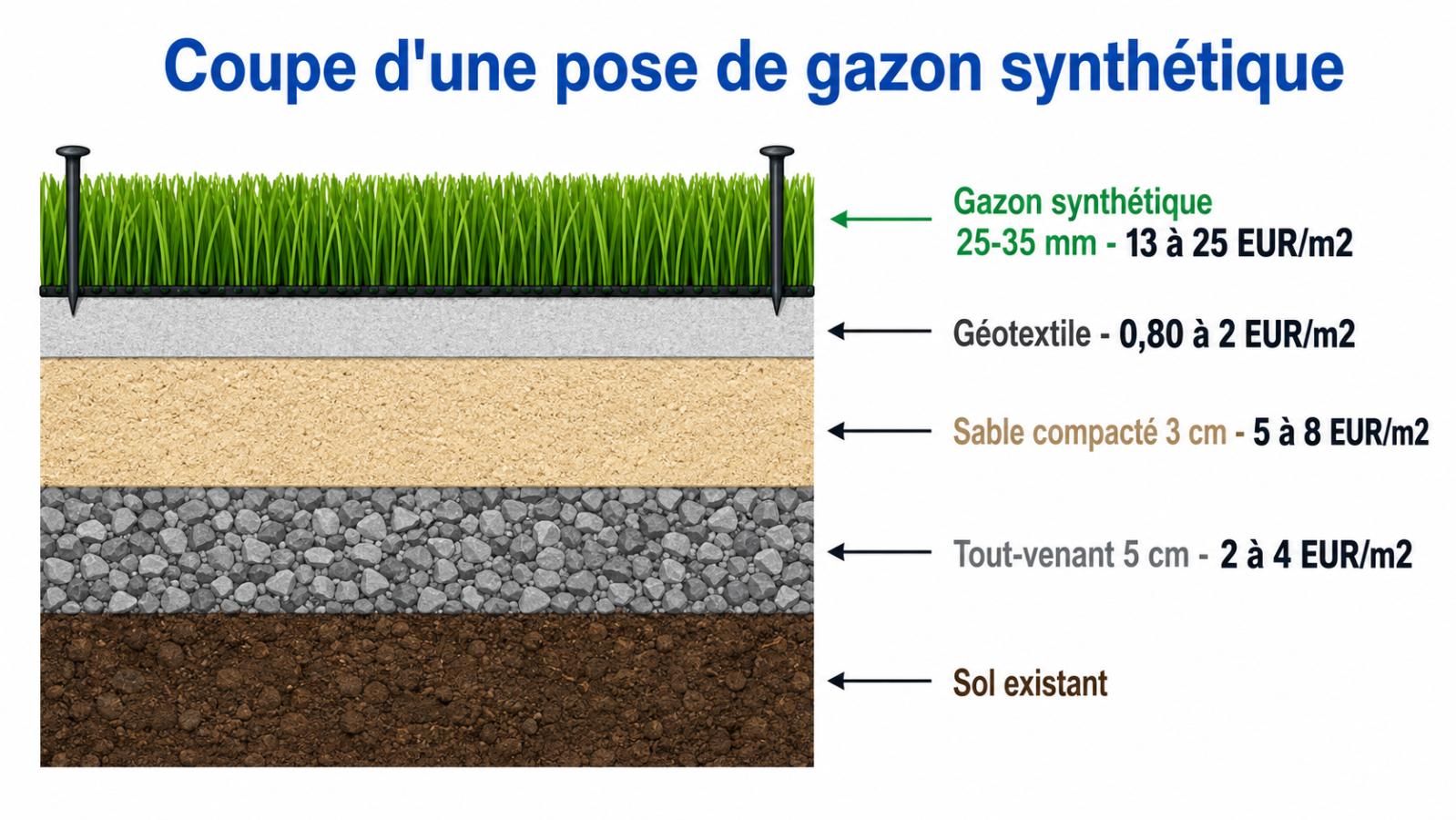 Sch&eacute;ma de coupe transversale d'une pose de gazon synth&eacute;tique : terre, sable compact&eacute;, g&eacute;otextile et pelouse artificielle avec prix au m&sup2;